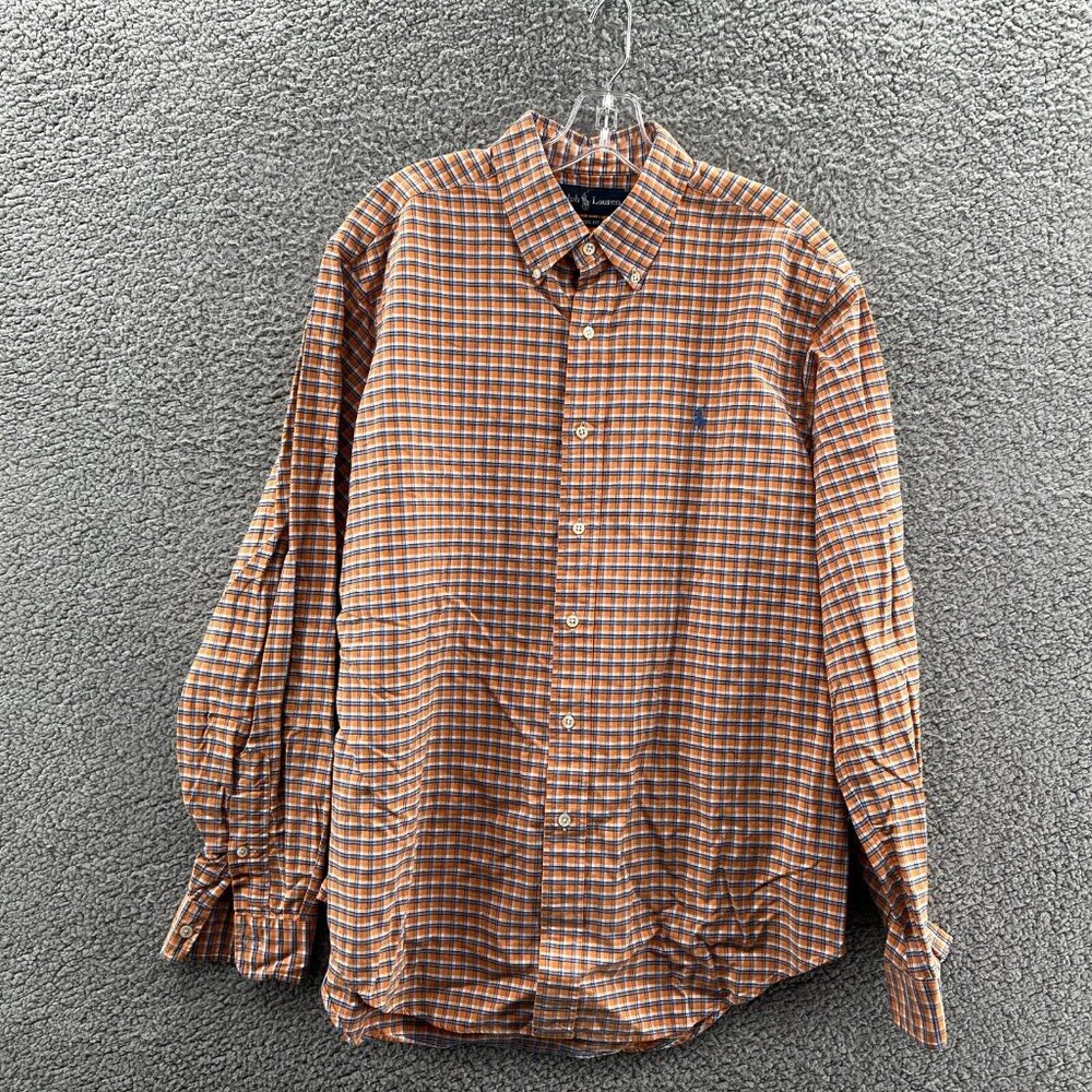 Ralph Lauren Shirt Mens Large Long Sleeve Button Down Plaid Orange Blue Classic